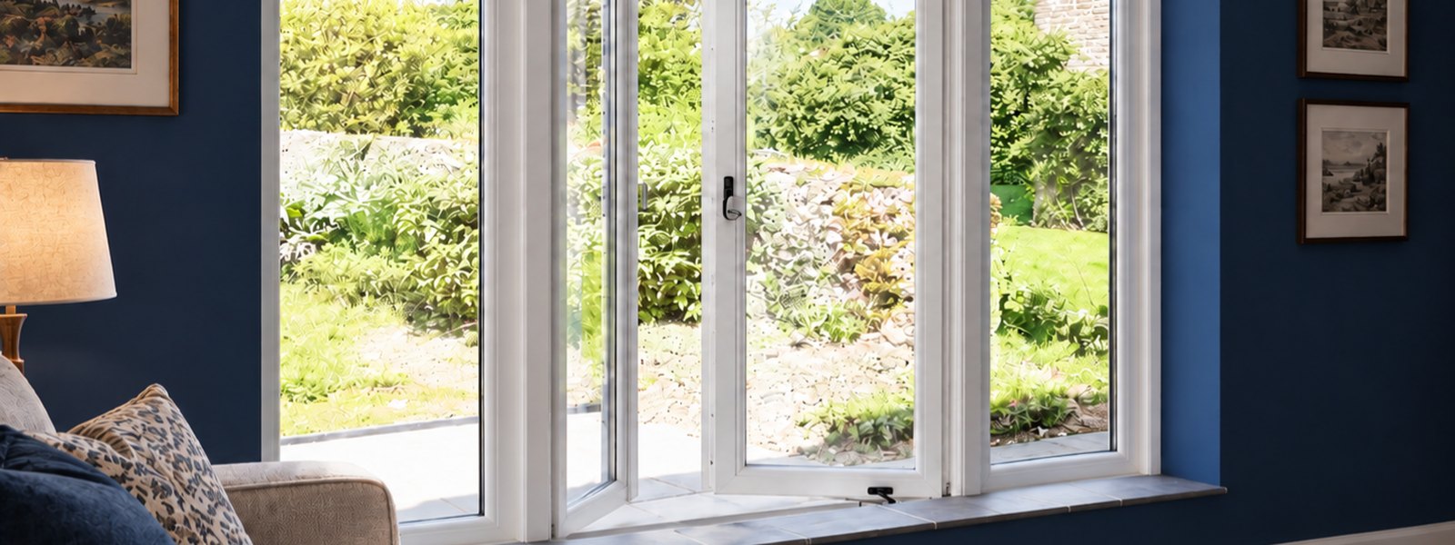 Open white casement windows in a navy living room overlooking a garden