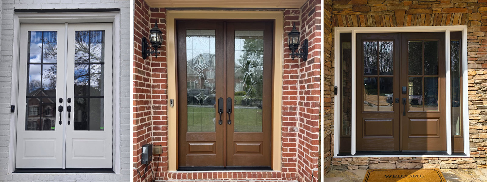 Three double entry door installations by EntryPoint in white, brown wood grain, and stone surrounds