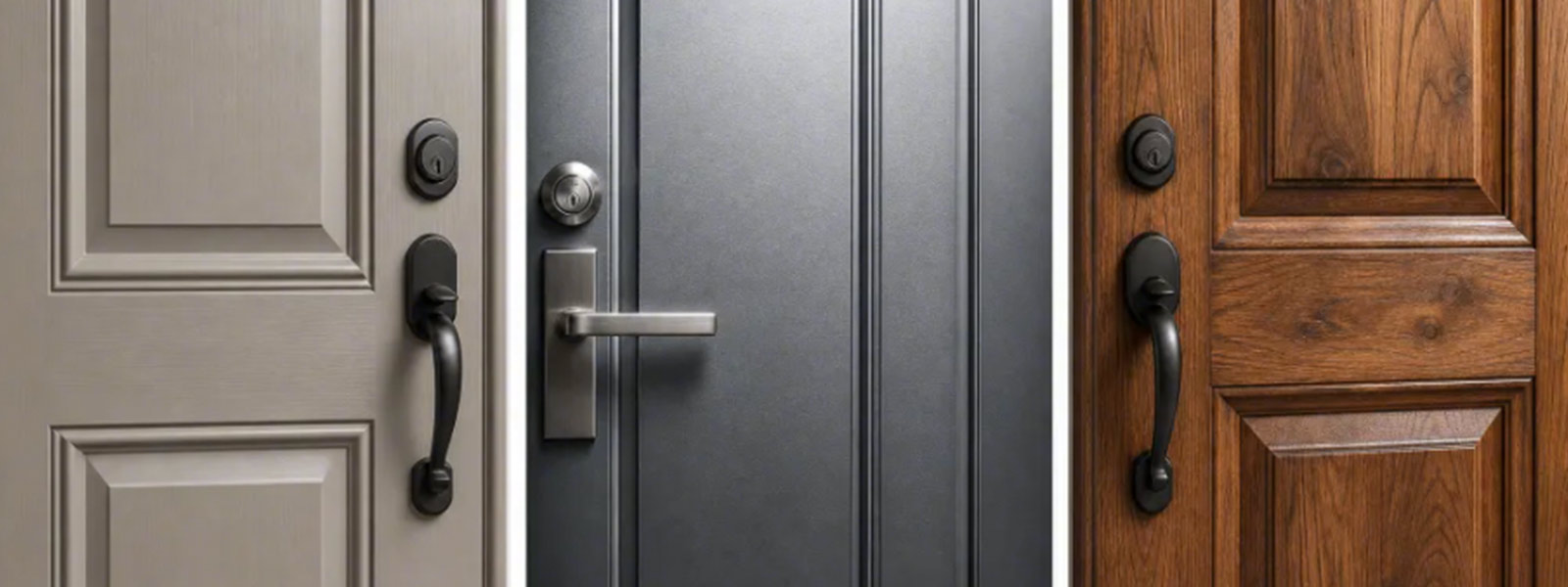 Close-up of painted fiberglass, dark metal, and wood-grain entry doors with black and silver hardware