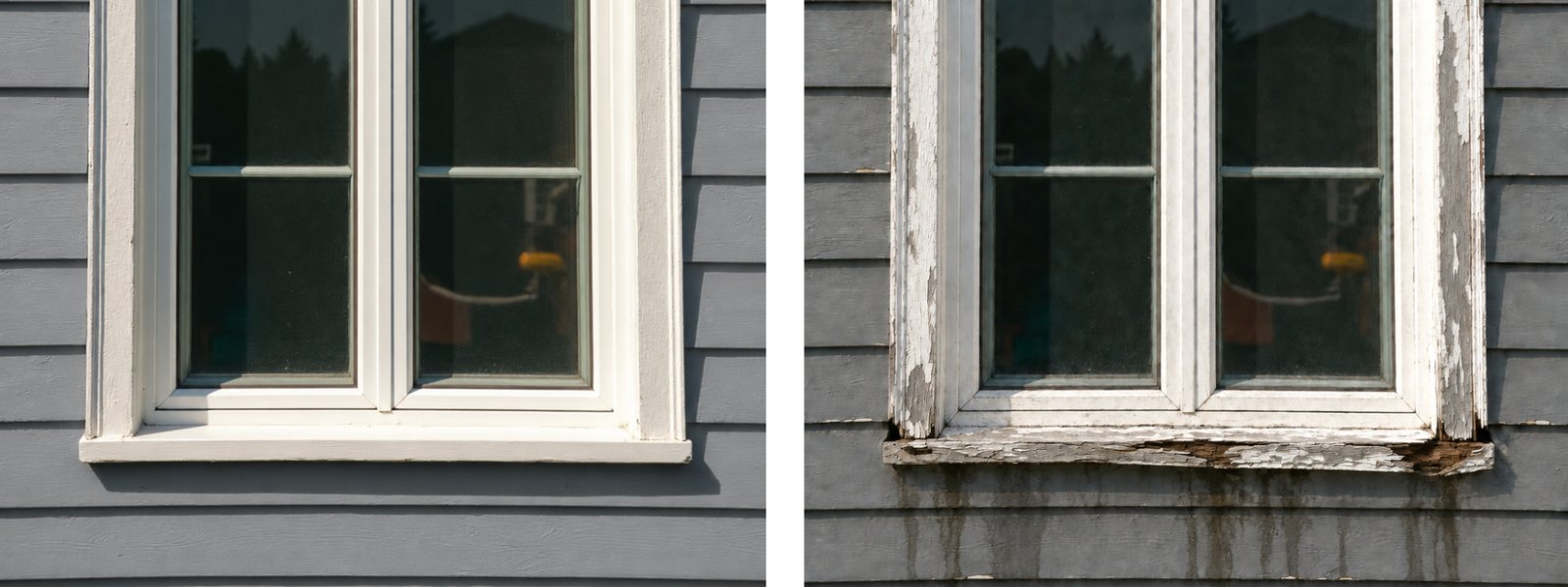 Side-by-side comparison of a sound window frame and a rotted frame with peeling paint and water stains below the sill