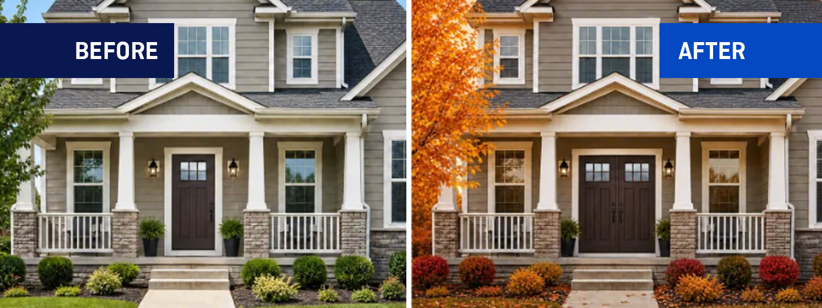 Before and after single to double door conversion on a craftsman-style home